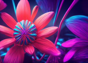 Wall Mural - abstract futuristic flower background in bright vivid colours created with generative ai technology