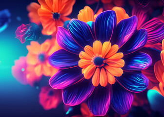 Wall Mural - abstract futuristic flower background in bright vivid colours created with generative ai technology
