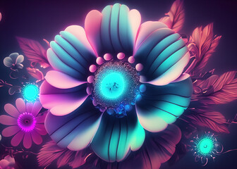 Wall Mural - abstract futuristic flower background in bright vivid colours created with generative ai technology