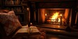 AI Generated. AI Generative. Vintage retro classic fireplace at rural countryside nook with armchair and many bookd around. Graphic Art