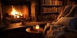AI Generated. AI Generative. Vintage retro classic fireplace at rural countryside nook with armchair and many bookd around. Cozy chilling warm relaxing vibe