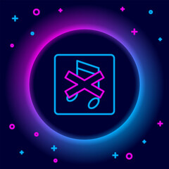 Sticker - Glowing neon line Speaker mute icon isolated on black background. No sound icon. Volume Off symbol. Colorful outline concept. Vector