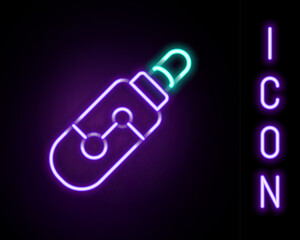 Poster - Glowing neon line Electronic cigarette icon isolated on black background. Vape smoking tool. Vaporizer Device. Colorful outline concept. Vector