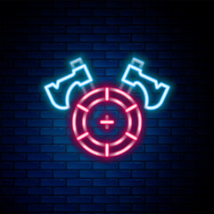 Sticker - Glowing neon line Medieval shield with crossed axes icon isolated on brick wall background. Battle axe, executioner axe. Colorful outline concept. Vector