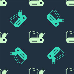 Green and beige Electric planer tool icon isolated seamless pattern on blue background. Vector