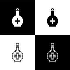 Poster - Set Bottle with potion icon isolated on black and white background. Flask with magic potion. Happy Halloween party. Vector