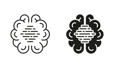 Poster - Tech Science Silhouette and Line Icons Set. Artificial Intelligence Pictogram. Human Brain with Circuit, Digital Technology Black Symbol Collection. Isolated Vector Illustration