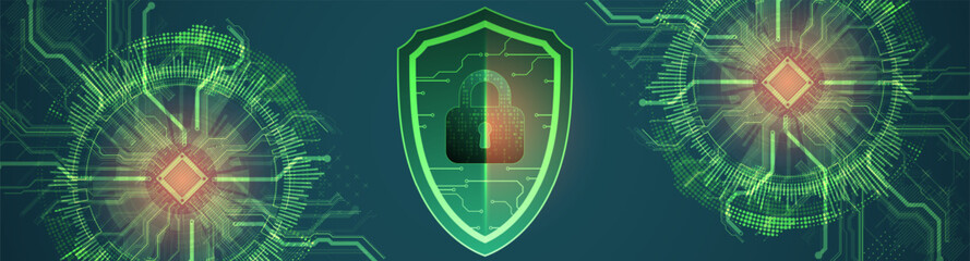 Technological abstract background on the topic of information protection and computer security. .Shield with the image of a padlock in the middle.