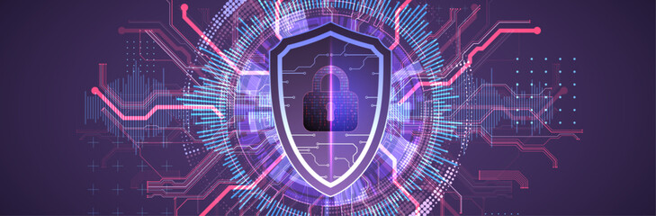 Wall Mural - Technological abstract background on the topic of information protection and computer security. .Shield with the image of a padlock in the middle.