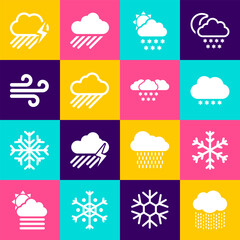 Sticker - Set Cloud with rain, Snowflake, snow, and sun, and Wind icon. Vector