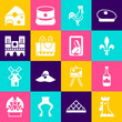 © vector_v - Set French rooster, Bottles of wine, Fleur De Lys, baguette bread, Notre Dame, Cheese and Portrait museum icon. Vector