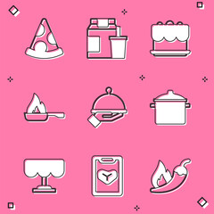 Wall Mural - Set Slice of pizza, Online ordering and delivery, Cake, Frying pan, Covered with tray food, Cooking pot, Wooden table and Restaurant cafe menu icon. Vector