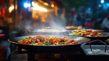 A Minimalist Shot Capturing A Freshly Prepared Street Food Dish With Rising Steam, Set Amidst The Market's Hustle And Bustle.