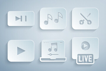 Poster - Set Laptop with music, Music or video editing, Play button, Live stream, note, tone and Pause icon. Vector