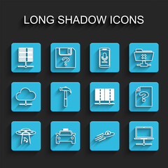 Poster - Set line UFO abducts cow, Taxi car, Server, Data, Web Hosting, flying spaceship and alien, Computer network, Hammer, Unknown document and icon. Vector