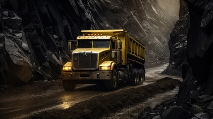 A yellow dump truck is seen driving through a dimly lit canyon.