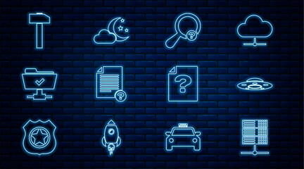 Poster - Set line Server, Data, Web Hosting, UFO flying spaceship, Unknown search, document, FTP operation successful, Hammer, and Cloud with moon and stars icon. Vector
