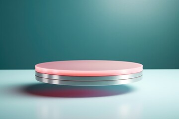 Canvas Print - A pink and white circular levitating object on a table, AI