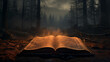 an open book of mystical fairy tales background in a foggy night forest the mystery of an old book