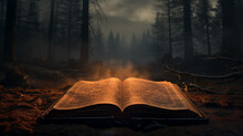 An Open Book Of Mystical Fairy Tales Background In A Foggy Night Forest The Mystery Of An Old Book