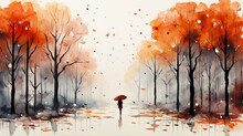A Figure With An Umbrella In An Autumn Yellow Park With Trees On A White Background Watercolor Paint Drawing