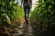 Agriculture. female farmer wearing rubber boots. Working along the sunshine near the green corn fields. AI generative