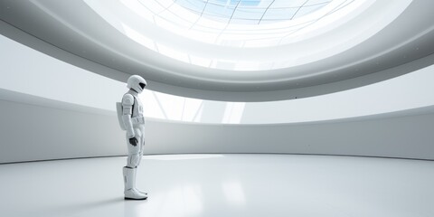 Canvas Print - A robot standing in a white room with a circular skylight, AI