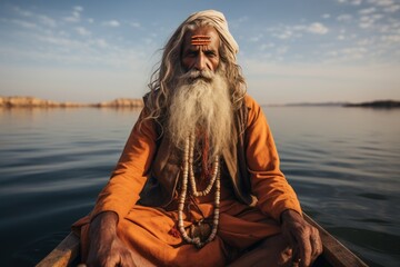 Sadhu rowing in the boat, Varanasi, India. Gadsisar Lake Jaisalmer is the background. AI generative