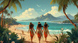 Tropical beach with three young women in traditional costume, vector illustration.