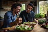 Fototapeta  - Two males of different ethnicities having fun while making salad together in the kitchen. AI generative