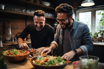 Wall Mural - Two males of different ethnicities having fun while making salad together in the kitchen. AI generative