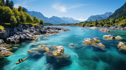 aerial view of yellow kayaks in blue river with stones. people on floating canoes in clear azure wat