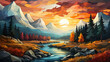 autumn landscape in sunset colors flat graphics multicolored