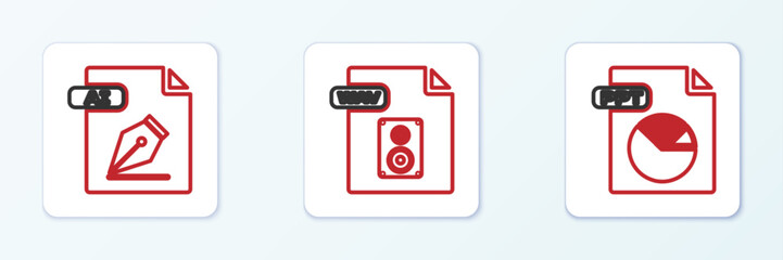 Poster - Set line PPT file document, AI and WAV icon. Vector