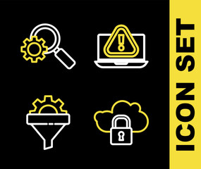 Sticker - Set line Laptop with exclamation mark, Cloud computing lock, Sales funnel gear and Magnifying glass and icon. Vector