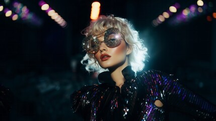 Wall Mural - Radiant and chic, a glamorous woman in 60s-inspired clothing shines under the disco ball, exuding a lively and carefree energy while posing for the camera with stylish sunglasses and a sparkle