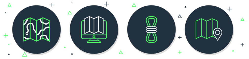 Poster - Set line Location of the forest in monitor, Climber rope, map and icon. Vector