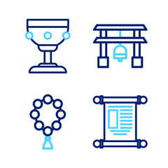 Sticker - Set line Decree, paper, parchment, scroll, Rosary beads religion, Japan Gate and Christian chalice icon. Vector