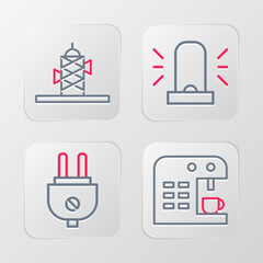 Poster - set line coffee machine, electric plug, flasher siren and antenna icon. vector