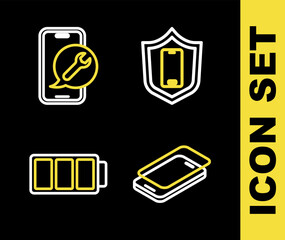 Poster - set line mobile with shield, glass screen protector, battery and service icon. vector