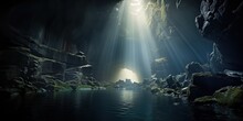 AI Generated. AI Generative. Old Deep Cave Under Earth Witn Sun Ray Light From Above. Adventure Exploration Vibe