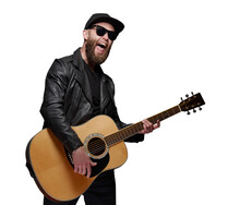 Guitar Player Singing. Hipster Guitar Player With Beard And Black Clothes Playing The Acoustic Guitar Over Transparent Png Background