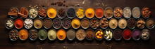 Variety Of Different Kind Of Spices On Black Background