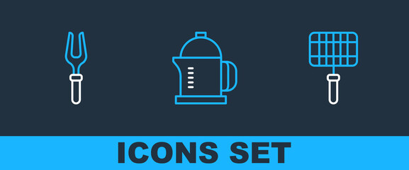 Canvas Print - Set line Barbecue steel grid, fork and French press icon. Vector