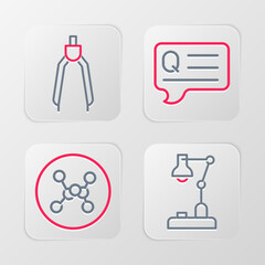 Poster - Set line Table lamp, Chemical formula, Speech bubbles with Question and Drawing compass icon. Vector