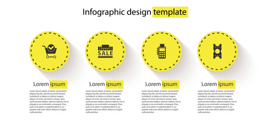 Poster - Set Shopping cart with check mark, building and sale, POS terminal credit card and Coupon. Business infographic template. Vector