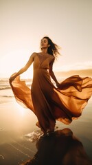 Poster - A woman in a long dress walking on the beach. Generative AI image.