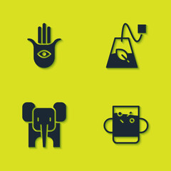 Sticker - Set Hamsa hand, Cup of tea leaf, Elephant and Tea bag icon. Vector