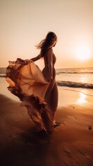 Poster - A woman is walking on the beach at sunset. Generative AI image.