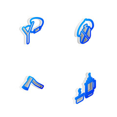 Sticker - Set Isometric line Canteen water bottle, Slingshot, Wooden axe and Thermos container icon. Vector